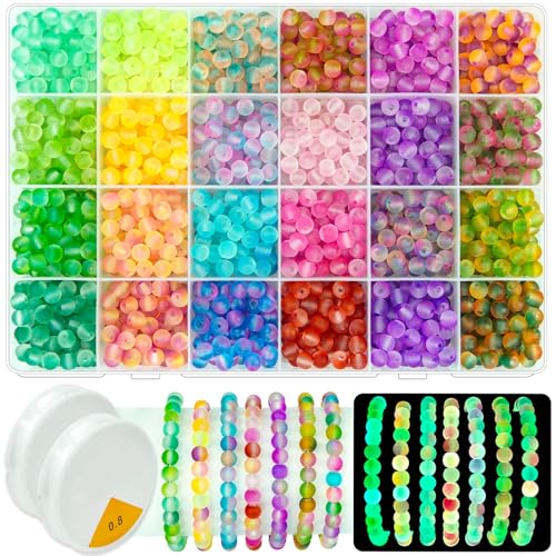 JHYlilia Glühen im Dunkeln, Glasperlen zur Schmuckherstellung, 1600 Stück, 6 mm, 24 Fächer, Kristall-Edelsteinperlen, runde Abstandshalter, Bastelperlen für Armband, Halskette, Ohrringe, Telefon von JHYlilia