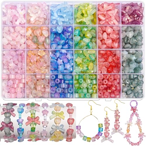 Matte Acryl-Herz-Sternperlen zur Schmuckherstellung, mattierte Goldfolie, Pastellfarben, runde Schleife, bunt, sortiert, niedlich, ästhetisch, Kawaii-Perle für Armband, DIY, Handwerk, Ohrringe von JHYlilia