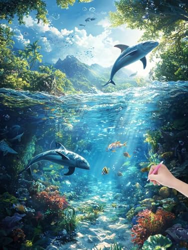 Diamond Painting Delphin, DIY Diamant Painting Bilder Landschaft für Erwachsene Anfänger, Vollbohrer Diamant Malerei Eckige Steine als Geschenke Weihnachten, Bastelset für Wanddeko, 50x70 cm, L-80 von JIAGUANG