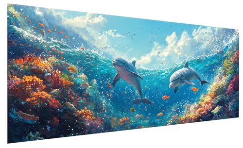 Diamond Painting Erwachsene Groß Meer, DIY Full Drill Diamond Painting Bilder Delphin, 5D Kristall Strass Mosaikherstellung Bastelset für Deko Wohnzimmer Wanddeko, Geschenke für Frauen 250x100cm B-63 von JIAGUANG