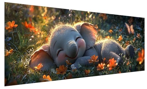 Diamond Painting Erwachsene Groß Niedlich, DIY Full Drill Diamond Painting Bilder Elefant, 5D Kristall Strass Mosaikherstellung Bastelset für Deko Wohnzimmer Wanddeko Geschenke für Frauen 80x30cm A-90 von JIAGUANG
