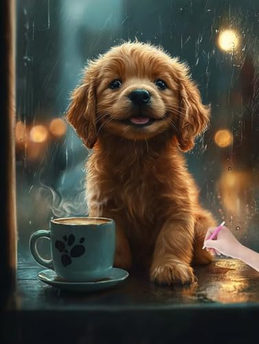 Diamond Painting Erwachsene Hund, DIY Kaffee Diamond Painting Eckige Steine Set, Diamant Kunst Bilder für Anfänger, Diamant Malerei Bastelset Erwachsene für Zimmer Wand Deko, Geschenke, 50x70 cm, L-29 von JIAGUANG