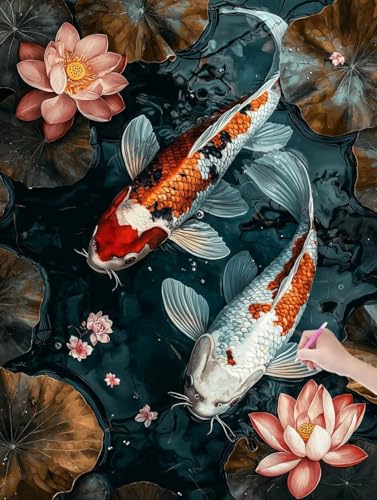 Diamond Painting Erwachsene Lotus, DIY Koi Diamond Painting Eckige Steine Set, Diamant Kunst Bilder für Anfänger, Diamant Malerei Bastelset Erwachsene für Zimmer Wand Deko, Geschenke, 50x70 cm, L-53 von JIAGUANG