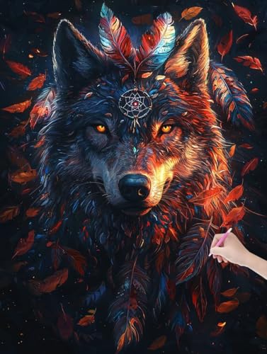 Diamond Painting Erwachsene Wolf, DIY Traumfänger Diamond Painting Eckige Steine Set, Diamant Kunst Bilder für Anfänger, Diamant Malerei Bastelset Erwachsene für Wanddeko, Geschenke, 50x70 cm, L-43 von JIAGUANG