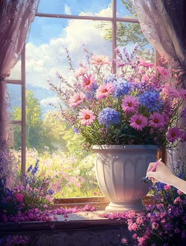 Diamond Painting Fenster, DIY Diamant Painting Bilder Blumen für Erwachsene Anfänger, Vollbohrer Diamant Malerei Eckige Steine als Geschenke Weihnachten, Diamond Bastelset für Wanddeko 50x70 cm, L-44 von JIAGUANG