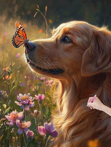 Diamond Painting Hund, DIY Diamant Painting Bilder Schmetterling für Erwachsene Anfänger, Vollbohrer Diamant Malerei Eckige Steine als Geschenke Weihnachten, Bastelset für Wanddeko, 50x70 cm, L-86 von JIAGUANG