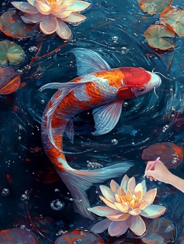 Diamond Painting Lotus, DIY Diamant Painting Bilder Fisch für Erwachsene Anfänger, Vollbohrer Diamant Malerei Eckige Steine als Geschenke Weihnachten, Bastelset Erwachsene für Wanddeko, 40x50 cm, B-00 von JIAGUANG