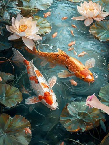 Diamond Painting Lotus, DIY Diamant Painting Bilder Fisch für Erwachsene Anfänger, Vollbohrer Diamant Malerei Eckige Steine als Geschenke Weihnachten, Bastelset Erwachsene für Wanddeko 90x120 cm, L-76 von JIAGUANG