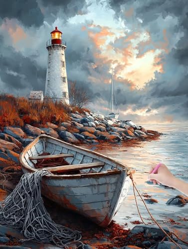 Diamond Painting Schiffchen, DIY Diamant Painting Bilder Leuchtturm für Erwachsene Anfänger, Vollbohrer Diamant Malerei Eckige Steine als Geschenke Weihnachten, Bastelset für Wanddeko, 50x70 cm, L-68 von JIAGUANG