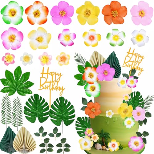 JIAHAO 28 Stück Hawaii-Blumen-Kuchenaufsätze, tropische Themen, Kuchendekorationen mit Blumen, Palmblättern, Hibiskus für Hawaii, Aloha, Sommer, Strand, Thema, Hochzeit, Geburtstag, Partyzubehör von JIAHAO