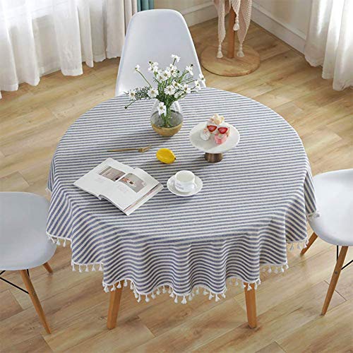 JIAHU Runde Tischdecken, gestreift, Fransen, Baumwolle, Leinen, Tischdecke, geeignet für blau-weiße Streifen, 100 cm, 1 Stück von JIAHU