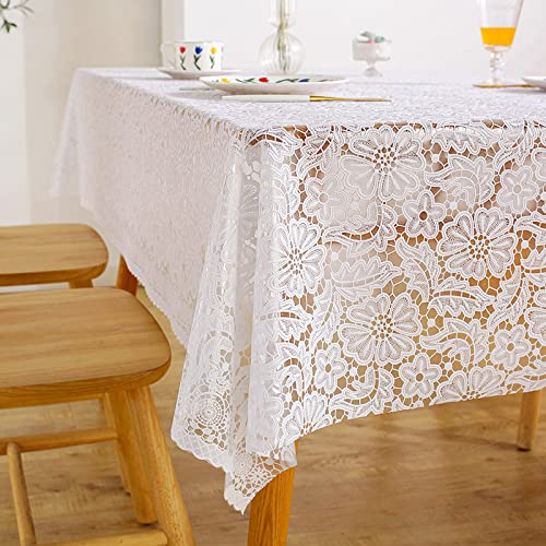 JIALIANG Tablecloth weiß 120x180cm PVC-Tischdecke mit Lotus-Effekt, wasserdichtes und abwischbares Linoleum, eleganter Blumendruck, geeignet für Outdoor und Garten von JIALIANG