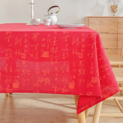 JIALIANG Tischtuch 110x170cm Rot Rechteckige Tischdecke Abwaschbar Tischtuch Baumwolle Leinen Gestickt Quaste Tischdecken Tischabdeckung für Speisetisch Küchentisch von JIALIANG