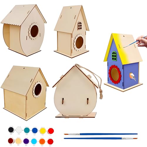 JIAMIAN 4PCS DIY Vogelhaus Kit, Kinder zusammengesetztes Vogelnest, DIY Vogelhaus Kit für Malerei Vogelhäuser, Holz Vogelhaus Kit, Vogelhaus Graffiti Malerei Set, Geeignet für verschiedene Aktivitäten von JIAMIAN