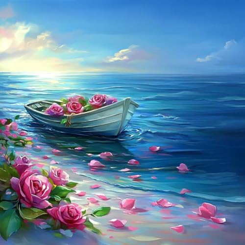 Diamond Painting Blume Diamant Painting Bilder Erwachsene Boot Crystal Art Set, DIY 5D Runder Vollbohrer Diamanten Malerei Stickerei Kreuzstich Kunst Handwerk, Deko Wohnzimmer Geschenke 70x70 cm Q-4 von JIANFREY