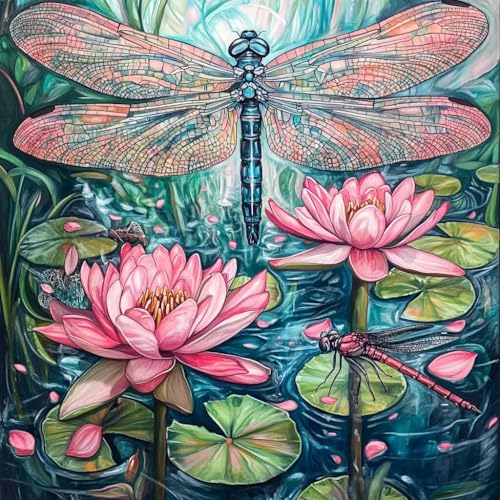 Diamond Painting Lotus Diamant Painting Bilder Erwachsene Libelle Crystal Art Set, DIY 5D Runder Vollbohrer Diamanten Malerei Stickerei Kreuzstich Kunst für Deko Wohnzimmer Geschenke 40x40 cm B-3 von JIANFREY