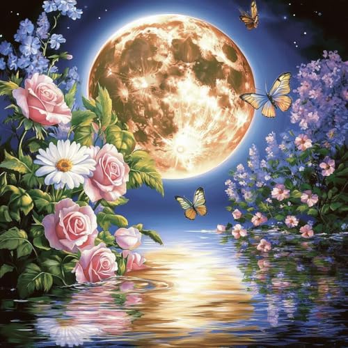 Diamond Painting Mond Diamant Painting Bilder Erwachsene Blume Crystal Art Set, DIY 5D Runder Vollbohrer Diamanten Malerei Stickerei Kreuzstich Kunst Handwerk, Deko Wohnzimmer Geschenke 80x80 cm F-6 von JIANFREY