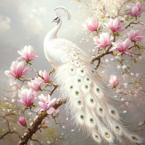 Diamond Painting Pfau Diamant Painting Bilder Erwachsene Blume Crystal Art Set, DIY 5D Runder Vollbohrer Diamanten Malerei Stickerei Kreuzstich Kunst Handwerk, Deko Wohnzimmer Geschenke 80x80 cm Z-7 von JIANFREY