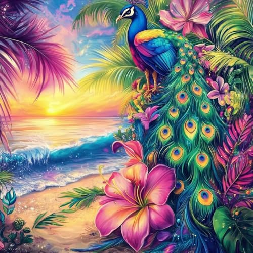 Diamond Painting Pfau Diamant Painting Bilder Erwachsene Meer Crystal Art Set, DIY 5D Runder Vollbohrer Diamanten Malerei Stickerei Kreuzstich Kunst Handwerk, Deko Wohnzimmer Geschenke 70x70 cm A-5 von JIANFREY