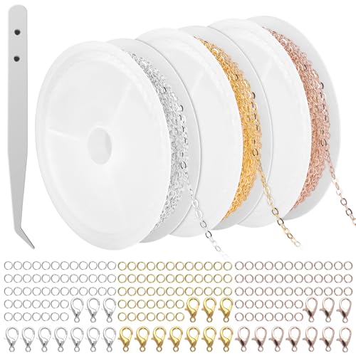 JIANGZHIB 3 Rollen 300cm Gliederkette, 3 Farben Ketten, Roségold, Gold und Gliederkette Silber, Schmuckherstellung Zubehör Mit 150 Biegeringen und 30 Karabinerverschlüsse für Halsketten, Armbänder JIANGZHIB 3 Rollen 300cm Gliederkette, 3 Farben Ketten, Roségold, Gold und Gliederkette Silber, Schmuckherstellung Zubehör Mit 150 Biegeringen und 30 Karabinerverschlüsse für Halsketten, Armbänder von JIANGZHIB