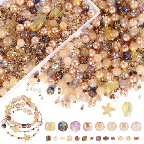 JIANGZHIB 8mm Braune Glasperlen für die Herstellung von Armbändern, 120g Braun Glasperlen zum Auffädeln, Enthält Seesternperlen, Rocailles Perlen für Armbänder Ketten DIY Schmuck Basteln von JIANGZHIB