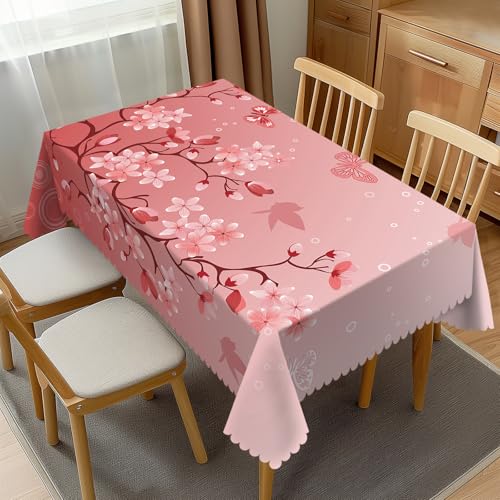 JIANKESEN Kirschblüten-Tischdecke, rechteckig, japanischer Kirschbaum, Naturrosa Blumenmuster, knitterfrei, Tischdecke für Küche, Esszimmer, Party-Dekorationen, 137 x 183 cm von JIANKESEN