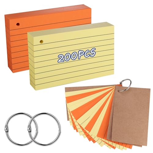JIANTA 200 Stück Linierte Karteikarten, 12,7 x 7,6 cm, Rosa, Orange, Weiß, Grün, Blau, Gelb, Flash Cards, Vokabelkarten, Bunt, mit 2 Binderingen, für Schule, Büro, Zuhause, Lernen von JIANTA