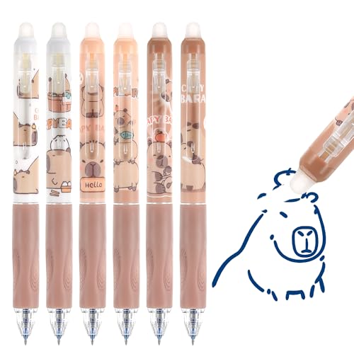 JIANTA 6 Stück Capybara Stifte Radierbare Gelstifte, 0,5 mm Spitze Blaue Gel-Tinten Stifte mit Radiergummi, Capybara Radierbarer Kugelschreiber für Studenten, Kinder und Erwachsene von JIANTA