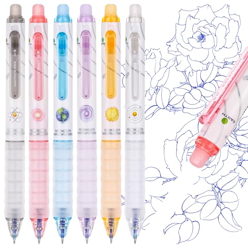 JIANTA 6 Stück Radierbare Gel-Stifte, 0,5 mm Spitze Blaue Kugelschreiber Rollerball Stifte mit Radiergummi, Radierbare Stifte für Studenten, Kinder und Erwachsene - Kosmos von JIANTA