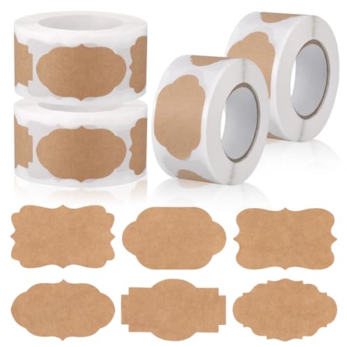 JIANTA 4 Rollen Etiketten Selbstklebend Kraft, 1200 Stück Aufkleber zum Beschriften, Klebeetiketten, Etiketten Aufkleber 6 Stile Unregelmäßig für Marmelade, Geschenkaufkleber, Basteln, Flasche, Dose von JIANTA