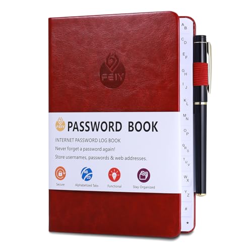 JIANTA Passwortbuch, Passwortbuch mit Register A-Z, und Gelstifte, Organizer für Websites, Benutzernamen und Passwörtern, Platz für 480 Passwörter, mit Stiftschlaufe, Gummiband, Innentasche(Rotwein) von JIANTA