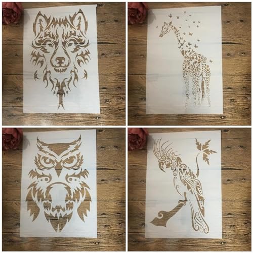 Schablonen zum Malen, 4 Stück, A4, 29 cm, Mandala, Wolf, Papagei, Eule, wiederverwendbar, Zeichnen, Bastelschablone zum Malen auf Holz, Stein, Wand, Fliesen, Möbel, Leinwand, Tagebuch Schablonen zum Malen, 4 Stück, A4, 29 cm, Mandala, Wolf, Papagei, Eule, wiederverwendbar, Zeichnen, Bastelschablone zum Malen auf Holz, Stein, Wand, Fliesen, Möbel, Leinwand, Tagebuch von JIAPAILAIYUN