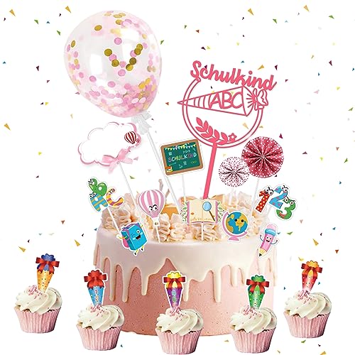 27 Stück Schulanfang Tortendeko, Mädchen Schulkind Tortendeko Einschulung ABC 123 Cupcake Topper Dekorationen Kuchendeko Schulanfang, für Schulanfang Party Deko (Rosa) von JIASHA