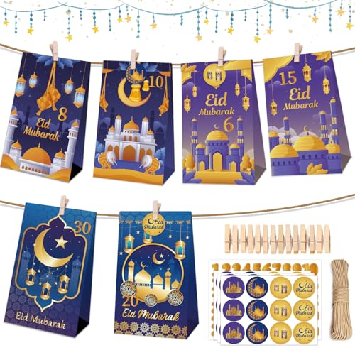 30 Stück Ramadan Kalender zum Befüllen, Eid Mubarak Papiertüten Ramadan Geschenktüten Eid Mubarak Tüten mit Clips und Aufkleber, Hanfseil, Ideal für Ramadan Kalender & Dekoration (A) von JIASHA
