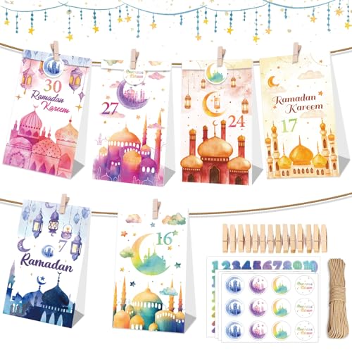 30 Stück Ramadan Kalender zum Befüllen, Eid Mubarak Papiertüten Ramadan Geschenktüten Eid Mubarak Tüten mit Clips und Aufkleber, Hanfseil, Ideal für Ramadan Kalender & Dekoration (B) von JIASHA