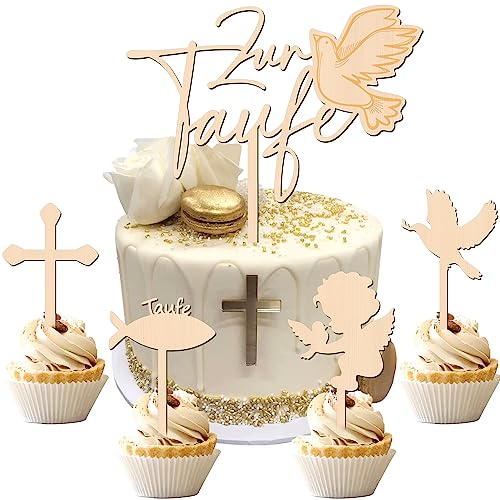 5 Stk Tortendeko Zur Kommunion Cake Topper,Taufe Holz Cake Topper,Meine Kommunion Torten Topper Taufe Tortendeko Zur Erstkommunion für Konfirmation Deko Junge Mädchen (C) von JIASHA