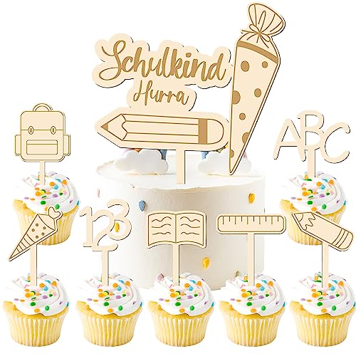 8 Stück Schulkind Holz Tortendeko Schulanfang Tortendeko Tortendeko Einschulung Holz ABC 123 Kuchendeko Personalisiert Tortendekoration, Für Mädchen und Junge Schulanfang Party Deko (B) von JIASHA