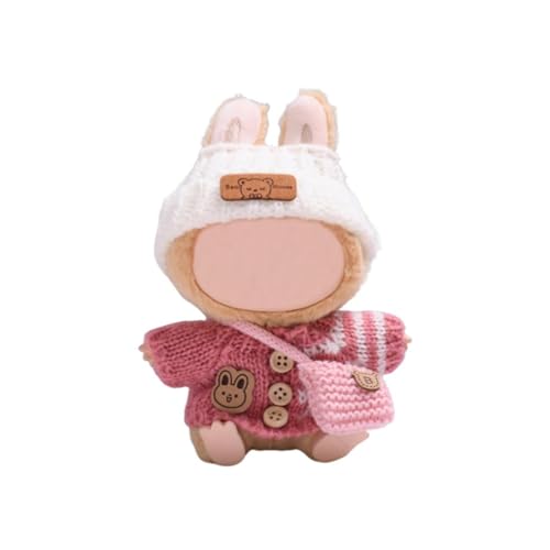 JIASHA Bekleidung für 17cm Labu Plüsch, Kuscheltier Kleidung Outfit, Lbubu Kleidung Zubehör, Accessoires für Labubu Plüsch mit Strickmütze und Tasche(Puppen Nicht Enthalten) (Rosa) von JIASHA