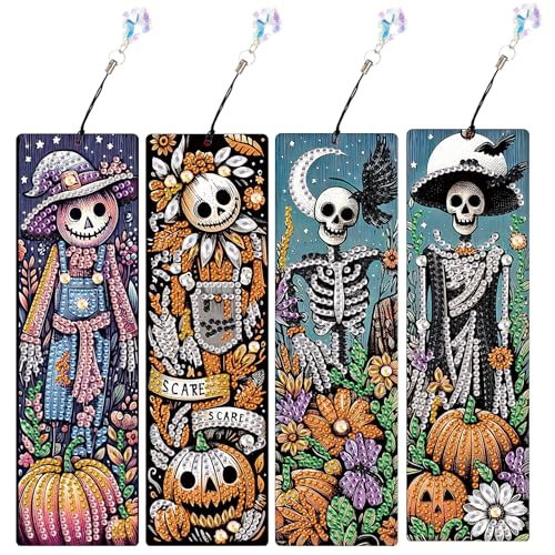 JICFDAO 4 Stück Diamond Painting Bookmarks 5.8x19.5cm Diamant Malerei Lesezeichen Kits Diy Buchmarkierungen mit Kristall Buch Marks Halloween Bastelset Geschenkset für Bücherwurm Skull Vogelscheuche von JICFDAO