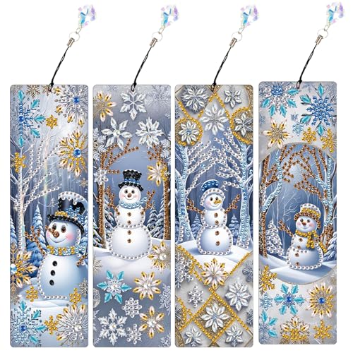 JICFDAO 4 Stück Diamond Painting Lesezeichen Weihnachten 5.8x19.5cm Diamond Painting Buch Marks Buchmarkierungen mit Kristall Seitenmarker Kunsthandwerk Geschenk für Familie Freunde Schneemann von JICFDAO