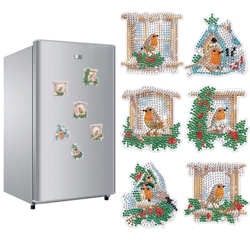 JICFDAO 6 Stück Diamant Malerei Magnete Kühlschrank Weihnachten Diamond Painting Magnete Kühlschrank Kits Vogel Diamant Malerei Kühlschrankmagnet Aufkleber Weihnachtsdeko Flexibel Wiederverwendbar von JICFDAO