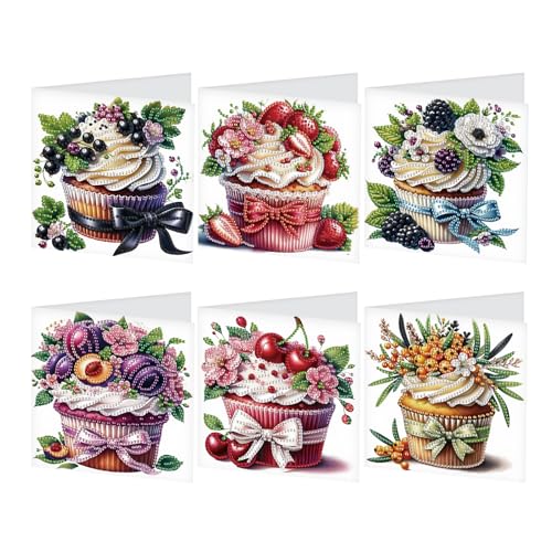 JICFDAO 6 Stück Diamond Painting Geburtstagskarten Set 30x15cm Diamant Malerei Grußkarten mit Umschlägen Glückwunschkarte Dankeskarten Feiertagskarten für Freunde Familie Paare Geschenk Kuchen von JICFDAO