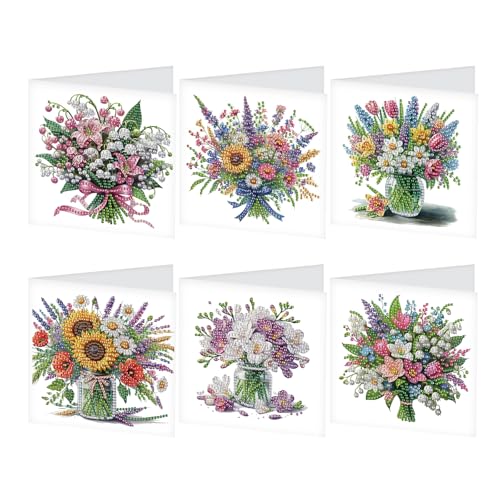 JICFDAO 6 Stück Diamond Painting Glückwunschkarte Sträuße 30x15cm Diamant Malerei Geburtstagskarten Set Weihnachtspostkarten Grußkarte mit Umschlägen zum Jahrestag für Freunde Familie Geschenk Blumen von JICFDAO