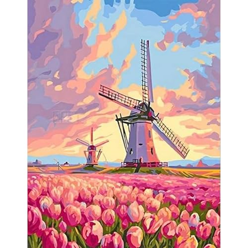 JICFDAO DIY Diamond Painting Landschaft 40x50cm Diamond Painting Glitzer Diamant Malerei Bilder Windmühle Malen nach Zahlen Blumen Rosa Stickbilder Erwachsene für Heimdekor Basteln Malen Handarbeiten von JICFDAO