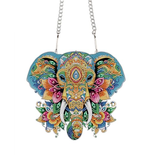 JICFDAO Diamond Painting Anhänger Tiere 242x220mm Diamant Malerei Ornamente Elefant Bluemen Diamond Painting Hängen Ornamente mit Kette Deko für Haustür Wand Fenster DIY Geschenk Bastel Malset von JICFDAO