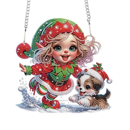 JICFDAO Diamond Painting Anhänger groß 242x238mm Diamant Malerei Anhänger Pendant Diamond Painting Hängen Ornamente mit Kette Haustür Wand Fenster Weihnachtsdeko Weihnachten Fee Elfen Engel und Welpe von JICFDAO