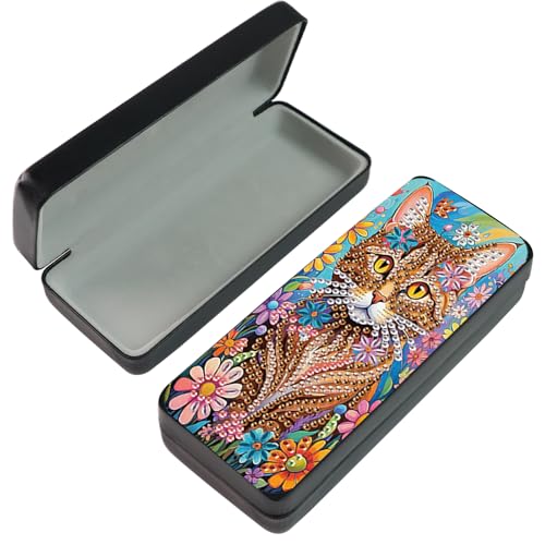JICFDAO Diamond Painting Brillenetui 16x6.5cm Diamant Malerei Brillen Organizer Aufbewahrungskiste Brillenbehälter Sonnenbrillenfall Hartschalen-Etui Brillenschutz Charms Geschenk Katze Blumen von JICFDAO