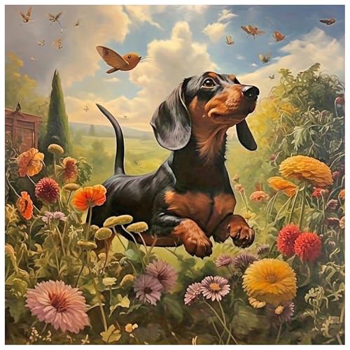 JICFDAO Diamond Painting Hund 30x30cm Diamond Painting Blumenwiese Malen nach Zahlen Niedliches Tier Stickbilder Erwachsene Anfänger Vogel und Schmetterling DIY Mosaik Kunst für Wanddeko von JICFDAO