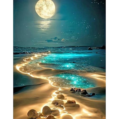 JICFDAO Diamond Painting Landschaft 40x50cm Diamond Painting Glitzer Malen nach Zahlen Meer und Strand Diamant Malerei Bilder Leuchtendes Mond und Meer für Erwachsene und Anfänger Heimdekoration von JICFDAO