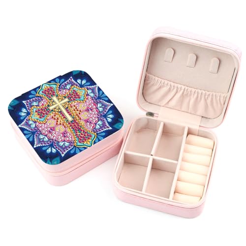 JICFDAO Diamond Painting Reise Schmuckkasten 9.5x9.5cm Schmuckbox Schmuckkästchen Damen Schmuckkoffer Geschenkbox Schmuck Organizer Klein für Ohrringe Ringe Halsketten Geschenk Heiliges Kreuz Mandala von JICFDAO